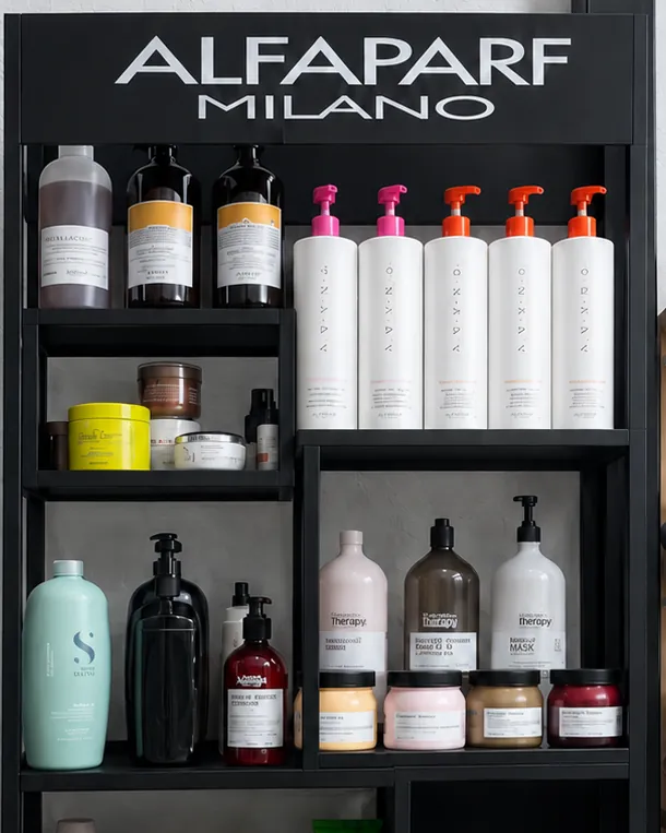 Estante negro con shampoos, mascarillas y tratamientos profesionales