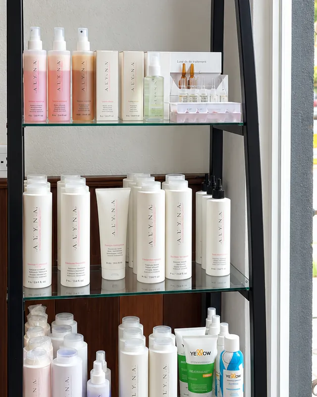Estante de vidrio junto a la ventana con productos para el cuidado del cabello